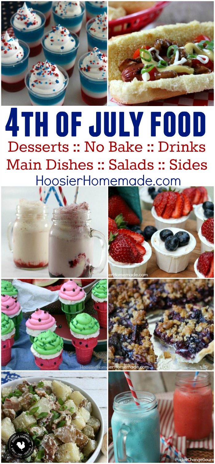 Celebrate 4th of July! These 4th of July Recipes are easy and budget friendly! Main Dishes, Salads, Sides, Desserts, No Bake Treats, Drinks and more! Click on the photo to grab a recipe and WOW your friends!