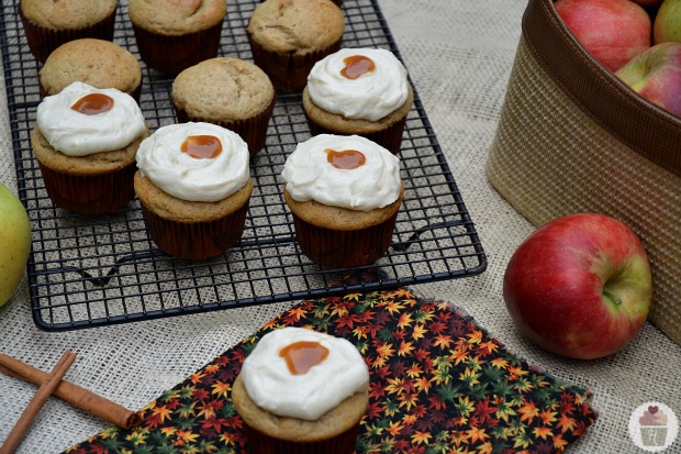 Apple Stuffed Cinnamon Cupcakes with Caramel Frosting :: HoosierHomemade.com