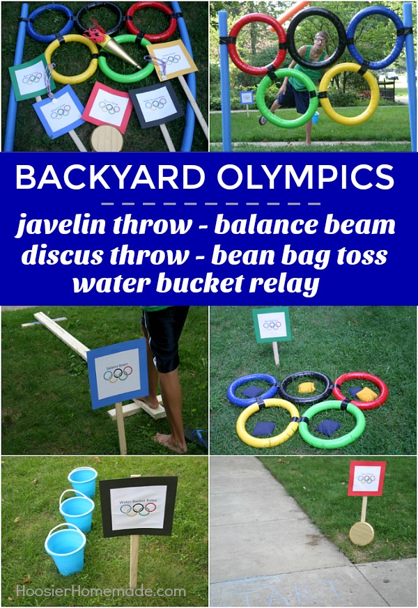 BACKYARD OLYMPICS -- Get the whole family involved in the Olympic Games! These fun and EASY Backyard Olympic Games include Javelin Throw, Balance Beam, Discus Throw, Bean Bag Toss and Water Bucket Relay!