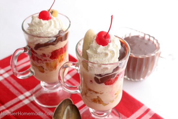 BANANA SPLIT SUNDAES - Who says your Banana Split can't be layered in a glass? These Banana Splits have a special ingredient - grilled fruit! Grilling the fruit takes the flavor to a whole new level!