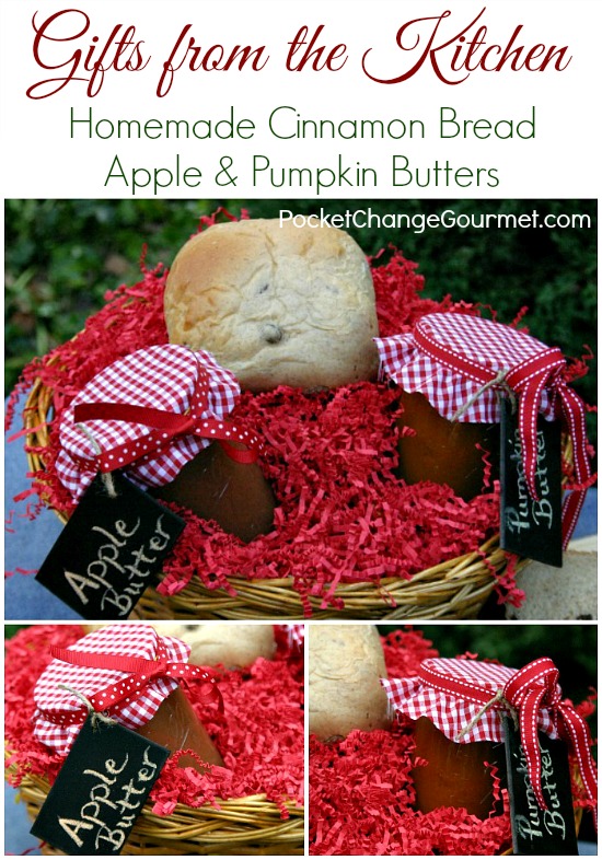 Everyone loves receiving a Gift from the Kitchen! Fill a basket with Bread, Apple and Pumpkin Butters for a memorable Christmas gift! Pin this idea to your Christmas board!