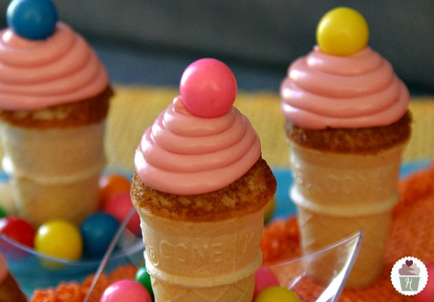 Mini Ice Cream Cones with Bubble Gum Frosting :: Recipe on HoosierHomemade.com