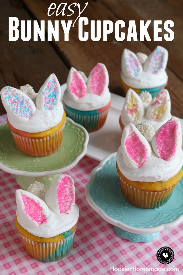 These Easy Bunny Cupcakes are perfect for Easter or Spring! They start with a 3-color cupcakes, white frosting and marshmallow bunny ears and tail. The kids will have a blast helping with these Easter Cupcakes! 