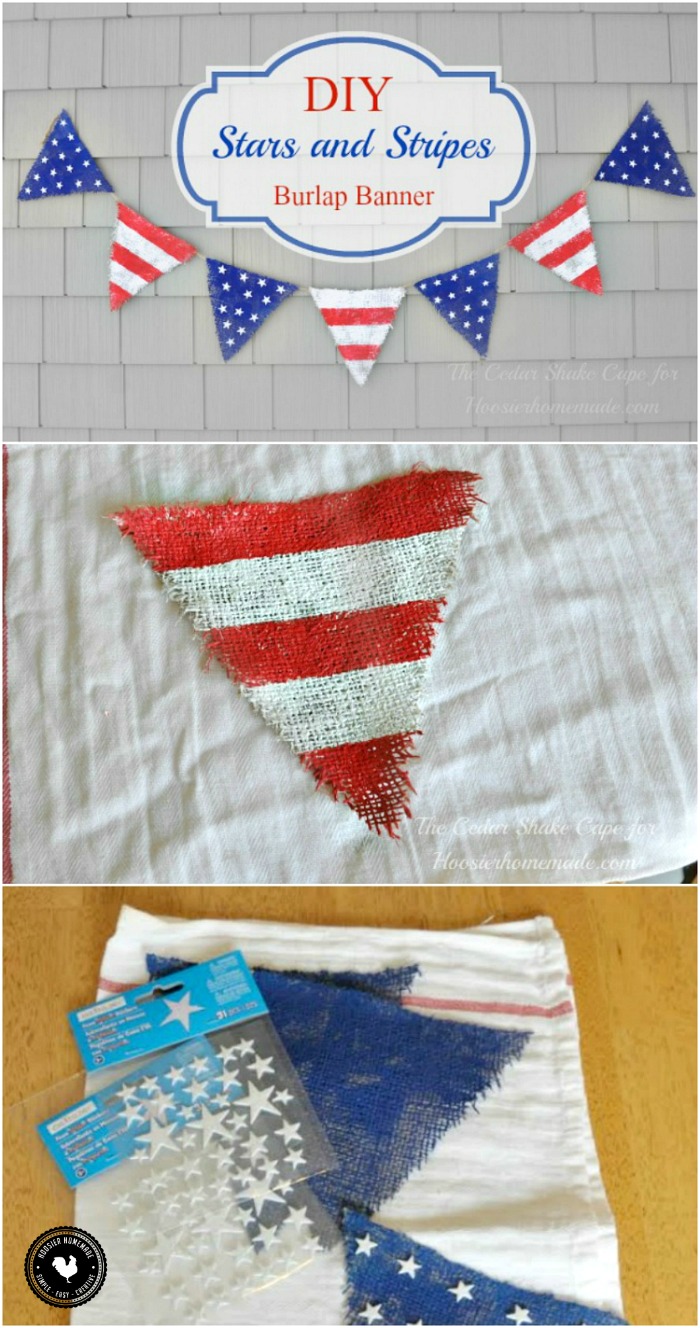 Create this Stars and Stripes Burlap Banner with just a few simple supplies, some you may have already at home. Perfect for Memorial Day or 4th of July Decorations. Be sure to save it by pinning to your Craft Board!