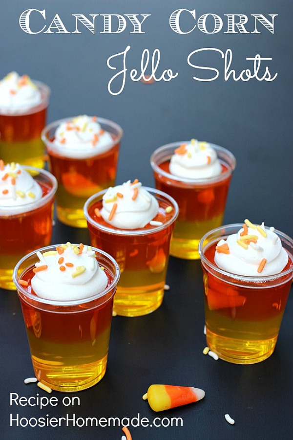 CANDY CORN JELLO SHOTS -- Make these fun Jello Shots with or without alcohol! Both recipes available! Layer the colors to look like candy corn! It's a fun Fall treat!