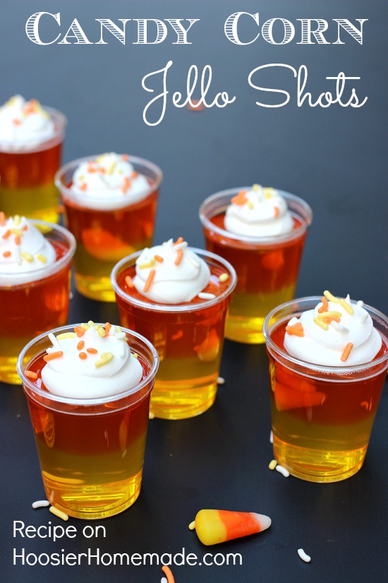 Fun Candy Corn Jello Shots - Adult version and Kid Friendly! Pin to your Halloween Board!