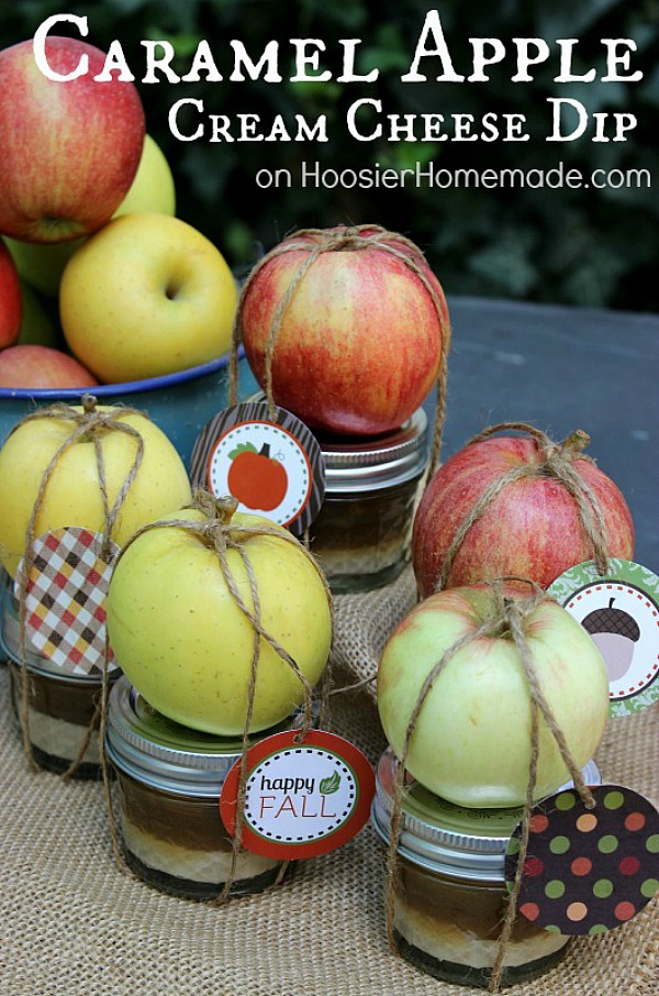 CARAMEL APPLE CREAM CHEESE DIP -- This Fall Treat is easy to put together and makes a GREAT gift too! FREE Printable Tags included with Recipe!