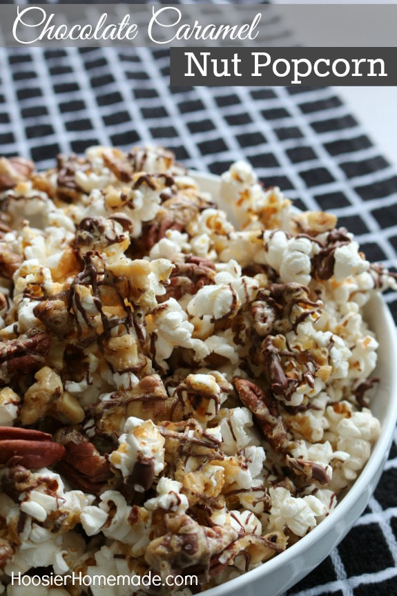 Chocolate Caramel Nut Popcorn - the perfect sweet - salty snack! Be careful you might just need to make a double batch! Pin to your Recipe Board!