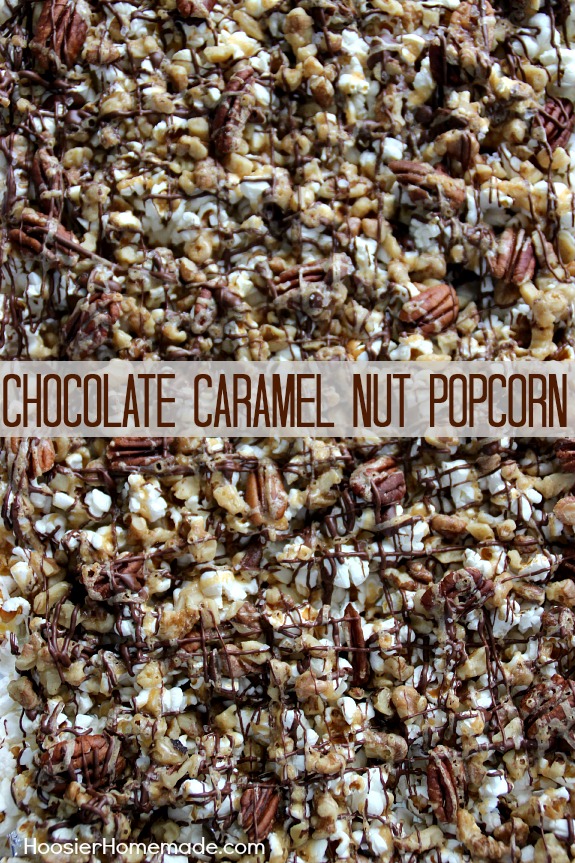 Chocolate Caramel Nut Popcorn - the perfect sweet - salty snack! Be careful you might just need to make a double batch! Pin to your Recipe Board!