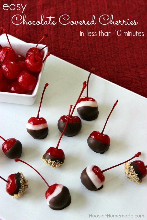In less than 10 minutes you can make these Easy Chocolate Covered Cherries! They are perfect for desserts, cupcakes, or enjoy on their own! Pin to your Recipe Board!