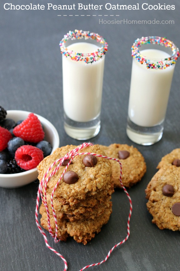 Chocolate Peanut Butter Oatmeal Cookies - you will never be able to tell they are flourless and have LESS sugar in them! Pin to your Recipe Board!