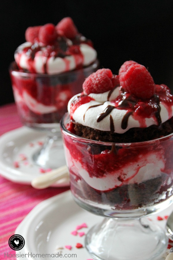 Rich moist Chocolate Cake, covered with Raspberry Jam, whipped topping and Hot Fudge - the perfect Valentine's Day dessert! This Chocolate Raspberry Trifle is super easy to make yet it looks impressive!