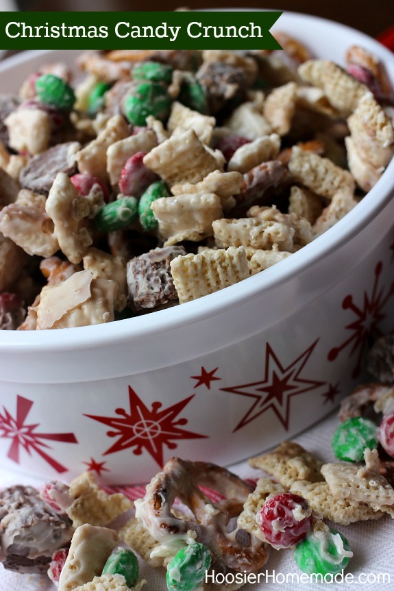 Whip up this Christmas Candy Crunch in 15 minutes or less and ONLY 5 ingredients! Perfect for Holiday Gift Giving! Pin to your Christmas Board!