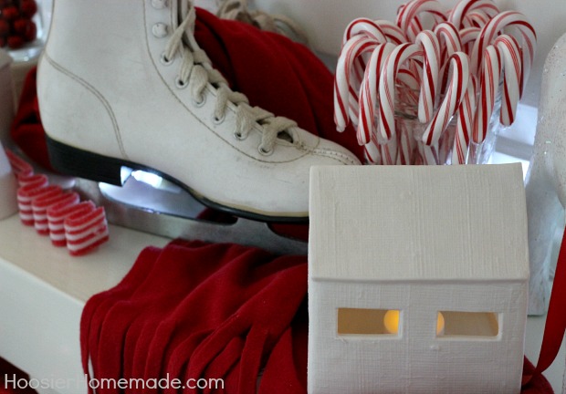 Christmas Mantel | Red and White Themed on HoosierHomemade.com