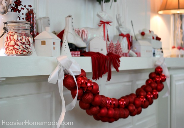 Christmas Mantel | Red and White Themed on HoosierHomemade.com