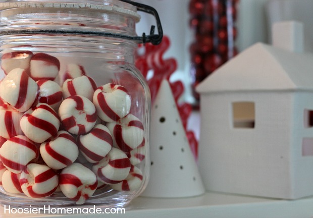 Christmas Mantel | Red and White Themed on HoosierHomemade.com