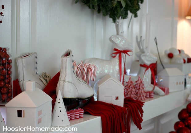 Christmas Mantel | Red and White Themed on HoosierHomemade.com