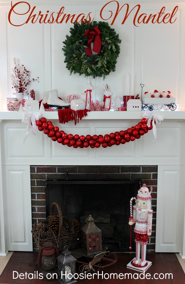 Christmas Mantel | Red and White Themed on HoosierHomemade.com