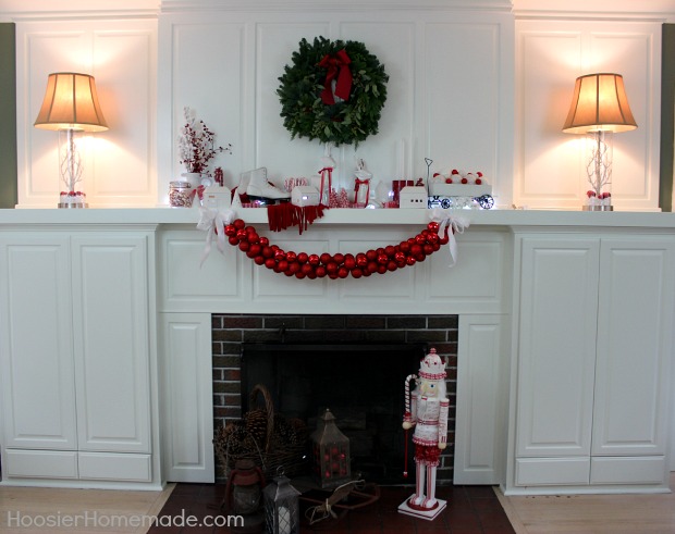 Christmas Mantel decorated in Red and White | Details on HoosierHomemade.com