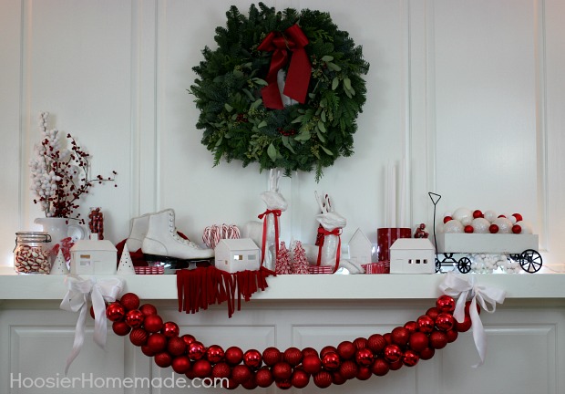 Christmas Mantel | Red and White Themed on HoosierHomemade.com