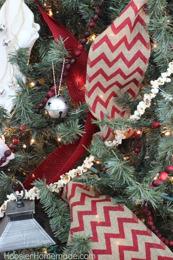 Festive Christmas Tree with Red Chevron Burlap Ribbon