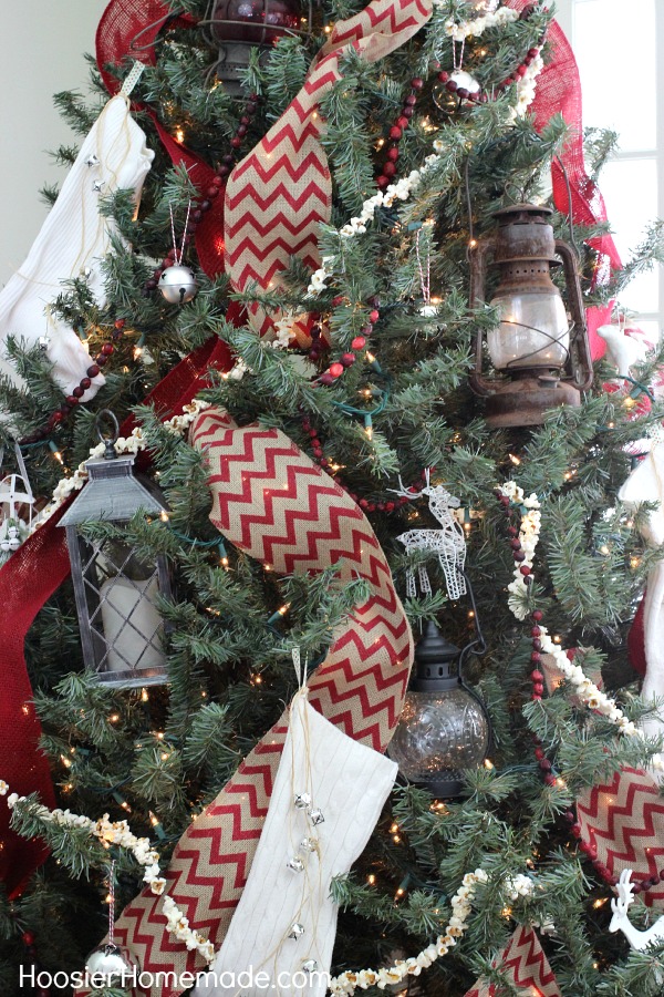 Festive Christmas Tree with Red Chevron Burlap Ribbon