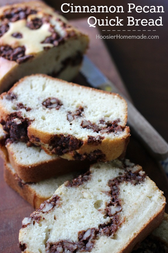 Cinnamon Pecan Quick Bread - moist vanilla bread with ribbons of cinnamon and pecans. Perfect for Breakfast, Snack time or even Dessert. Pin to your Recipe Board!