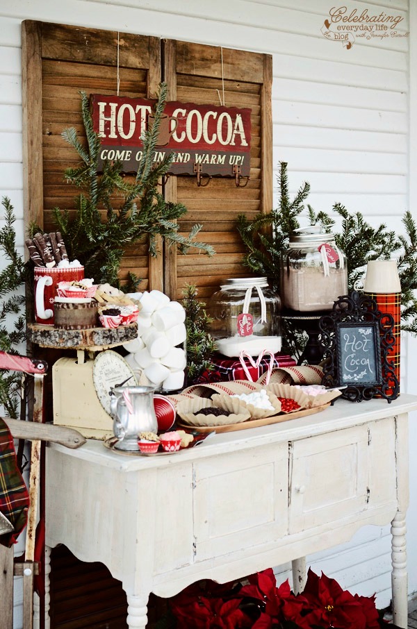 This gorgeous Hot Cocoa Bar brings a little warmth to the holidays! Fill it with treats and goodies to enjoy during a Holiday Party, after Skating Party, Snowman building and more!Visit our 100 Days of Homemade Holiday Inspiration for more recipes, decorating ideas, crafts, homemade gift ideas and much more!