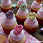 Conversation Heart Cupcakes: Vanilla Cupcakes with Fluffy Marshmallow Frosting :: Recipe on HoosierHomemade.com