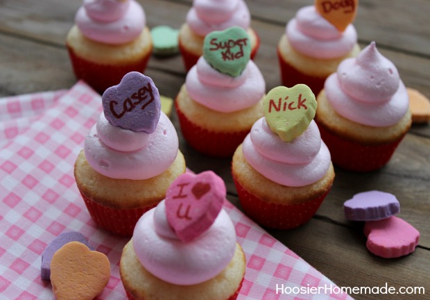 Conversation Heart Cupcakes :: Recipe on HoosierHomemade.com