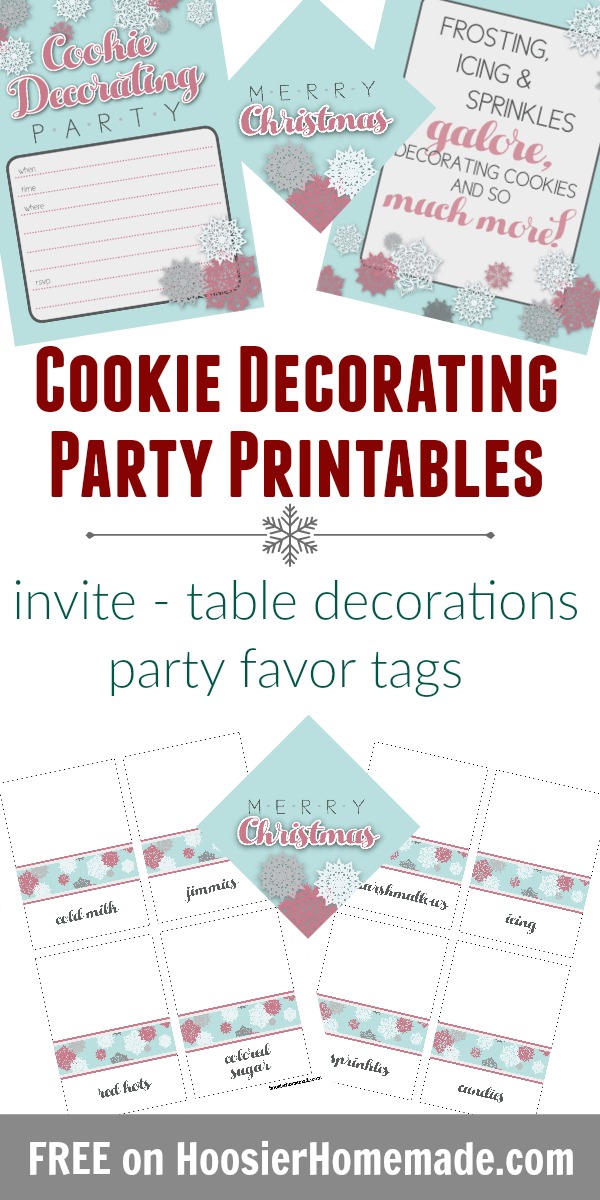 Cookie Decorating Party Printables - invitation, table decorations including tented cards for sprinkles, candy, icing and more, tags for party favors or gifts. FREE Printables!