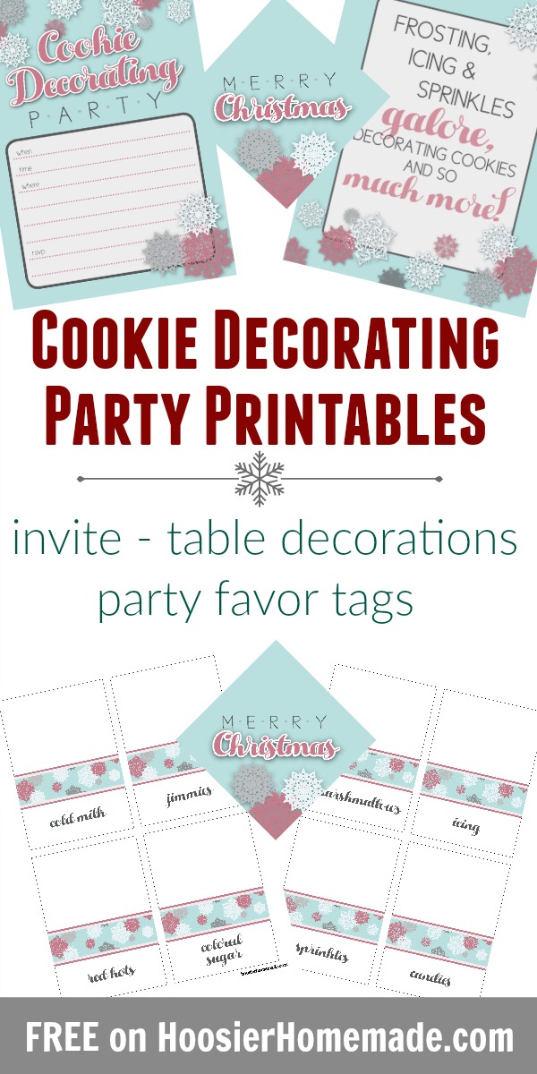 Cookie Decorating Party Printables - invitation, table decorations including tented cards for sprinkles, candy, icing and more, tags for party favors or gifts. FREE Printables! 