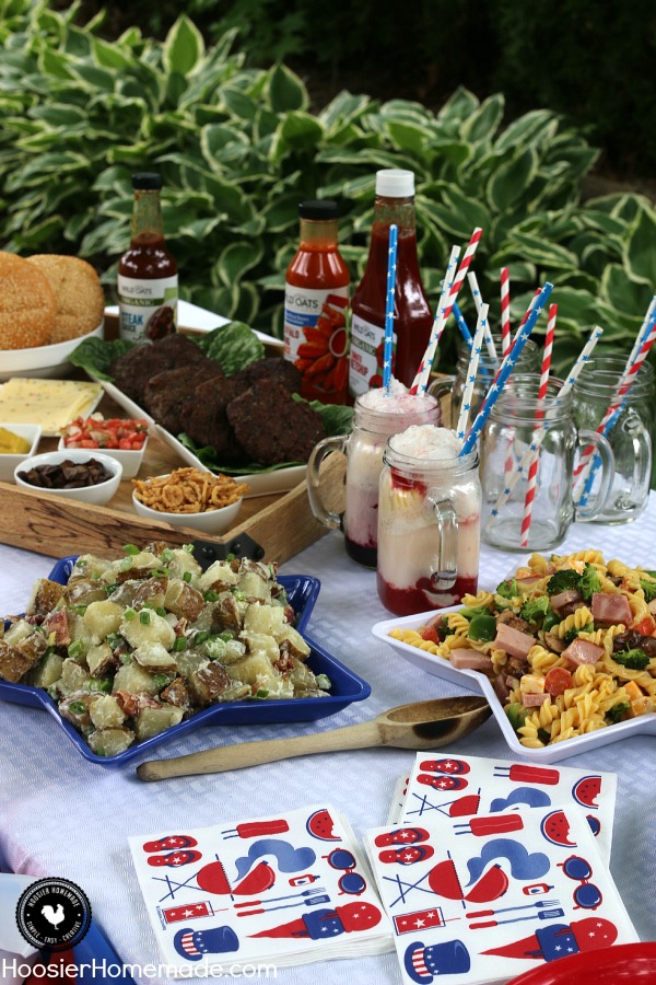 Hosting a Cookout doesn't need to be difficult or fancy! Serve a Mix and Match Burger Bar, Grilled Potato Salad, Pasta Salad and Berry Ice Cream Floats! Your guests will be raving about the great food! Be sure to save by pinning to your Party Board!