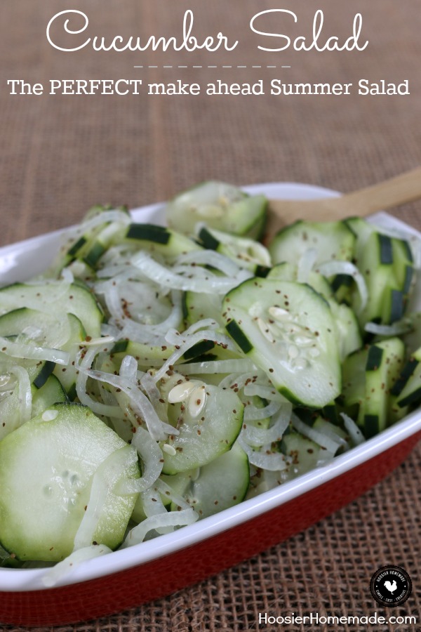 This make ahead Summer Salad Recipe is perfect with just about any meal! It's great for Potlucks, Picnics, Weeknight Dinner, Cookouts and more! Just a few simple ingredients and you are on your way to the PERFECT Summer Salad! Click on the Photo for the Cucumber Salad Recipe!