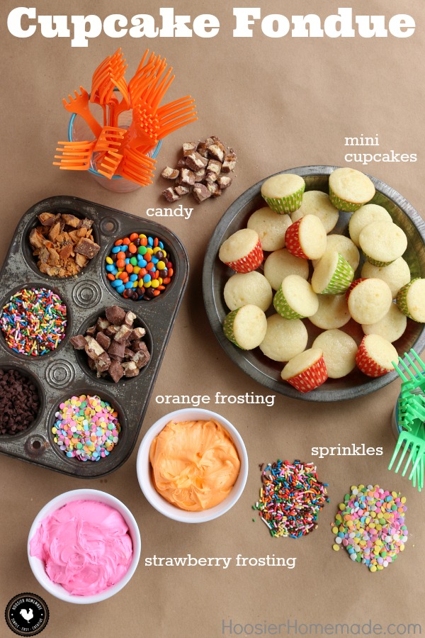 Cupcakes + Frosting + Sprinkles + Candy...you know you love it! What could be better? This Cupcake Fondue is perfect for birthdays, holidays, parties - just about any time. You can easily customize it to fit your celebration! Be sure to save it by pinning it to your Recipe Board!