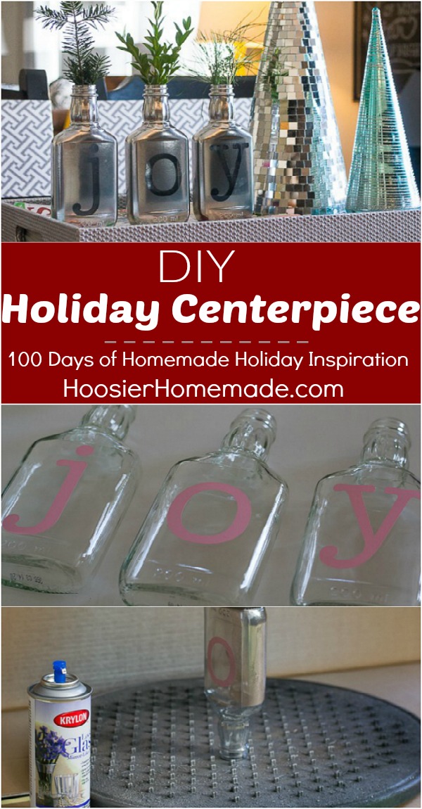 The options are endless for this easy to make DIY Holiday Centerpiece! Recyle some of those old bottles are create a beautiful holiday tablescape. Visit our 100 Days of Homemade Holiday Inspiration for more recipes, decorating ideas, crafts, homemade gift ideas and much more!