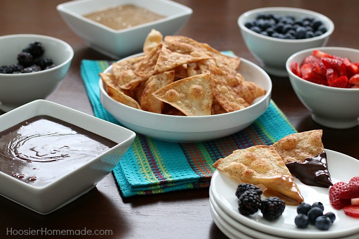 Dessert Fondue with Cinnamon Sugar Tortilla Chips