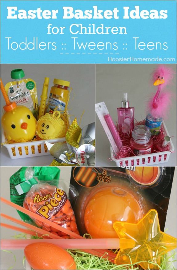 These simple Themed Easter Baskets for Toddlers, Tweens and Teens go together in minutes! The ideas are endless! Yellow for toddlers, Orange Glow-in-the-Dark themed basket for Tweens and Pink for a Teen Girl! Pin to your Easter Board!