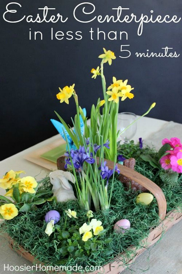 Create this Easter Centerpiece in about 5 minutes! Full of fresh plants, bunnies, eggs and even a chocolate bunny! Pin to your Easter Board!
