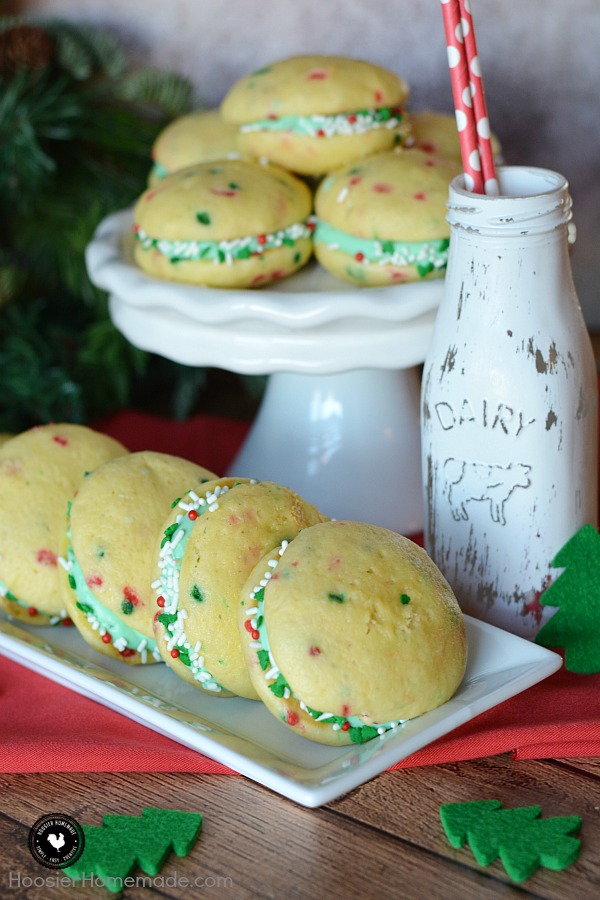 Simple and Easy Whoopie Pies are the name of the game! These fun treats are perfect for the holidays or change the flavor for any occasion. ONLY 4 ingredients plus frosting is ALL you need to make these special treats!