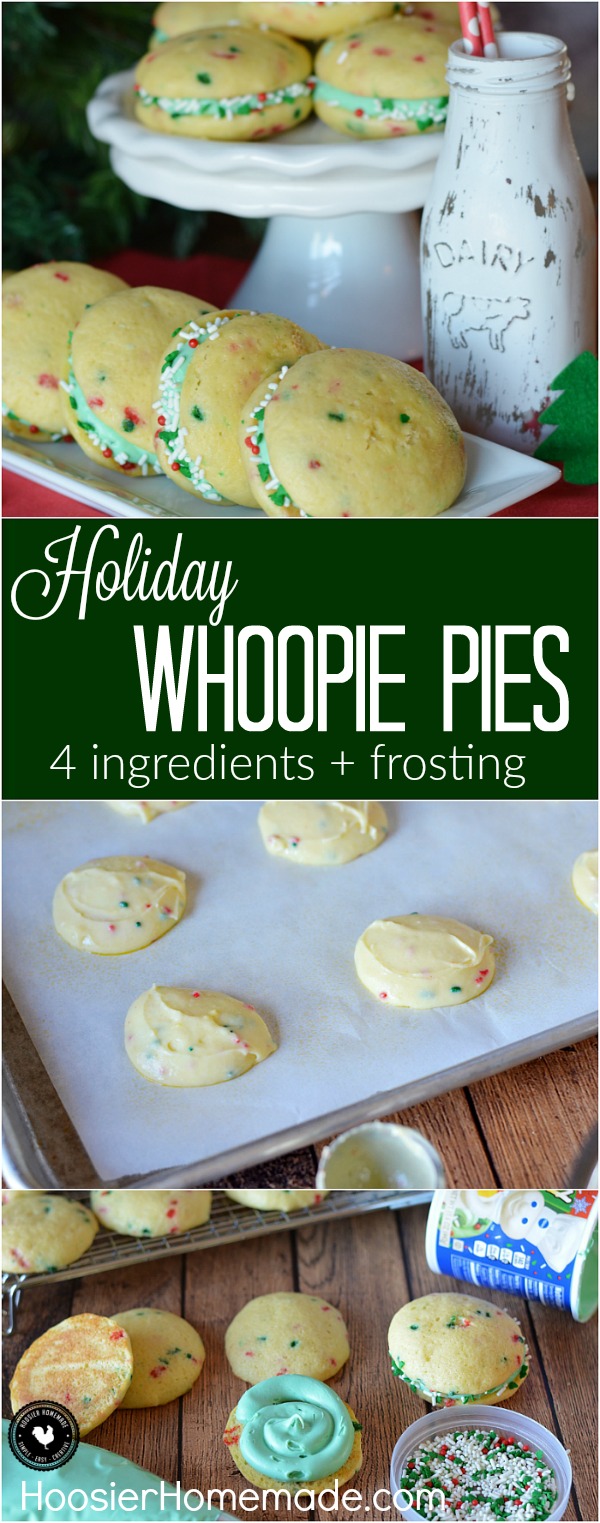 Simple and Easy Whoopie Pies are the name of the game! These fun treats are perfect for the holidays or change the flavor for any occasion. ONLY 4 ingredients plus frosting is ALL you need to make these special treats!