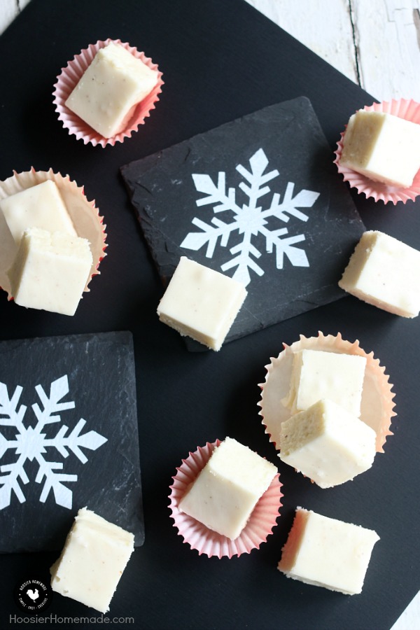 The perfect holiday treat to make and share as gifts - this Eggnog Fudge is EASY to make, goes together quickly AND is made with Dairy FREE Eggnog! Whip up a batch to share with friends, teachers, neighbors, co-workers and more!