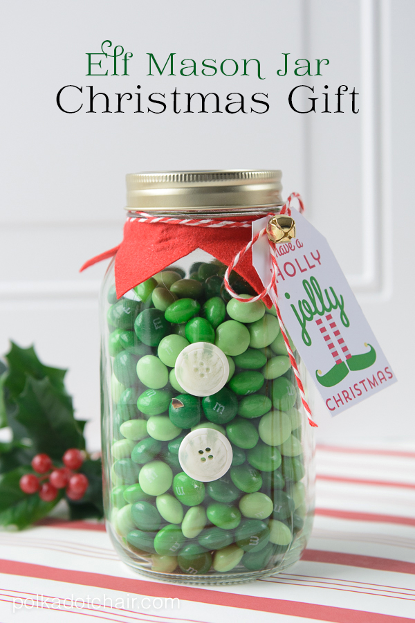 This Elf Mason Jar Christmas Jar is the perfect neighbor or teacher gift! AND it has a FREE Printable too! Visit our 100 Days of Homemade Holiday Inspiration for more recipes, decorating ideas, crafts, homemade gift ideas and much more!
