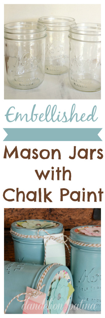 Perfect for Mother's Day, Teacher's Appreciation Gifts, Birthday Gifts and much more! These Embellished Chalk Paint Mason Jars are easy to make and take just a few supplies! Be sure to save them by pinning to your Craft Board!