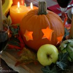 Learn how to create a Fall Tablescape using Carved Pumpkins, Fruit and Vegetables! Tutorial on HoosierHomemade.com