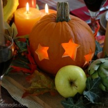 Learn how to create a Fall Tablescape using Carved Pumpkins, Fruit and Vegetables! Tutorial on HoosierHomemade.com
