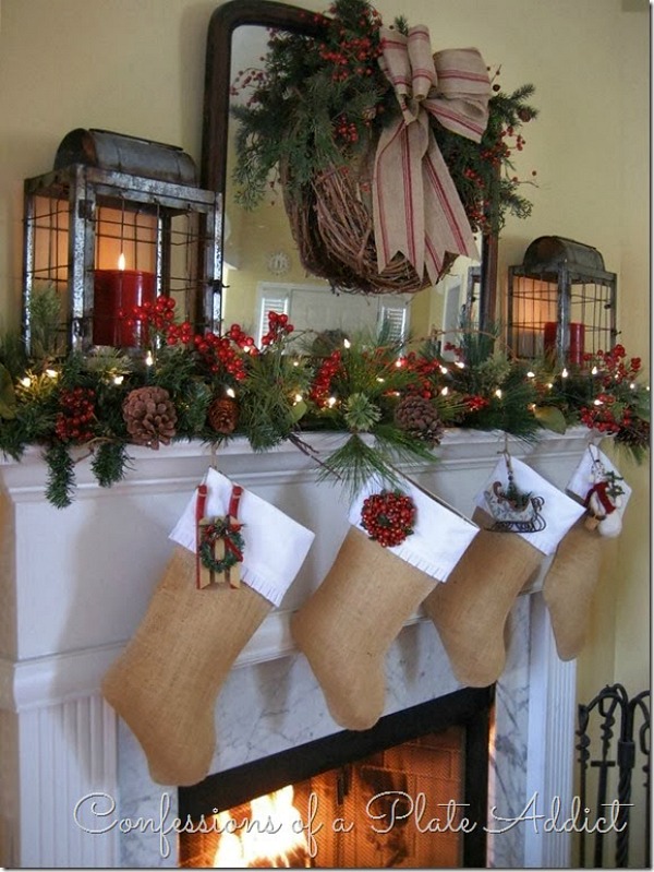 Decorate your home with this gorgeous Farmhouse Christmas Mantel complete with lanterns for a rustic Christmas! Visit our 100 Days of Homemade Holiday Inspiration for more recipes, decorating ideas, crafts, homemade gift ideas and much more!