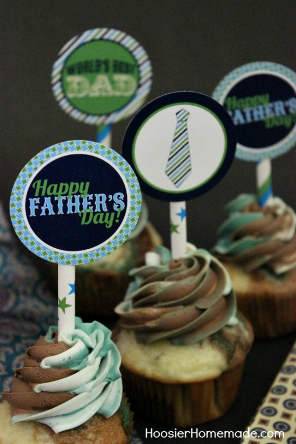 Surprise Dad with these Father's Day Cupcakes! Camouflage Cupcakes with FREE Printable Father's Day Cupcake Toppers! Be sure to save them by pinning to your Recipe Board!