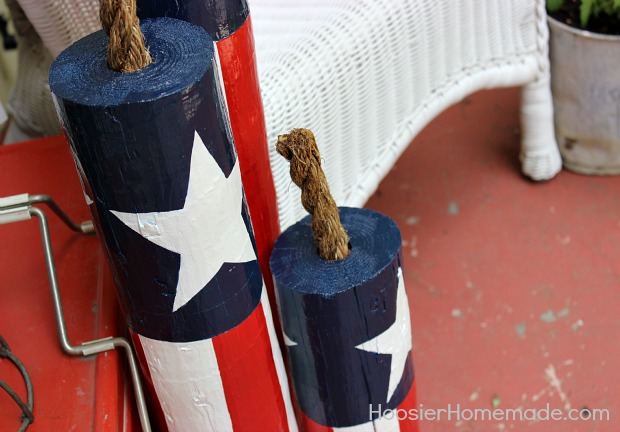DIY Wooden Firecrackers: Summer Front Porch Decorating on HoosierHomemade.com