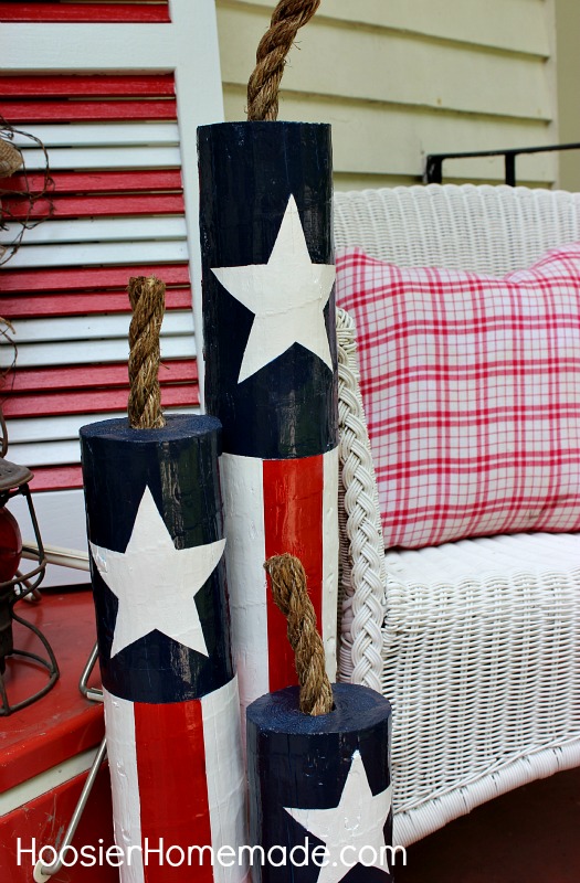 DIY Wooden Firecrackers: Summer Front Porch Decorating on HoosierHomemade.com